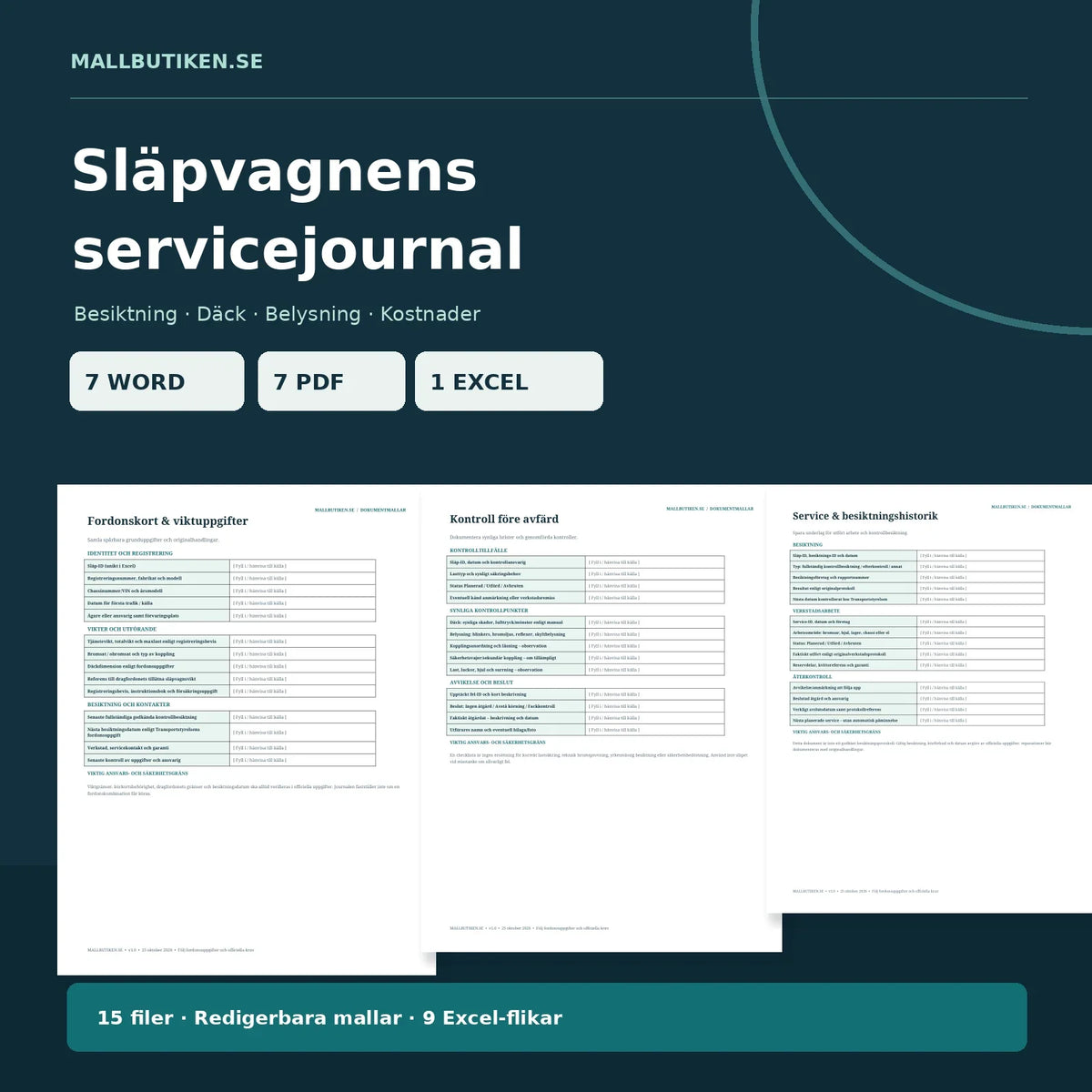 Släpvagnens servicejournal – verkliga Word- och PDF-mallar för kontroller och besiktning