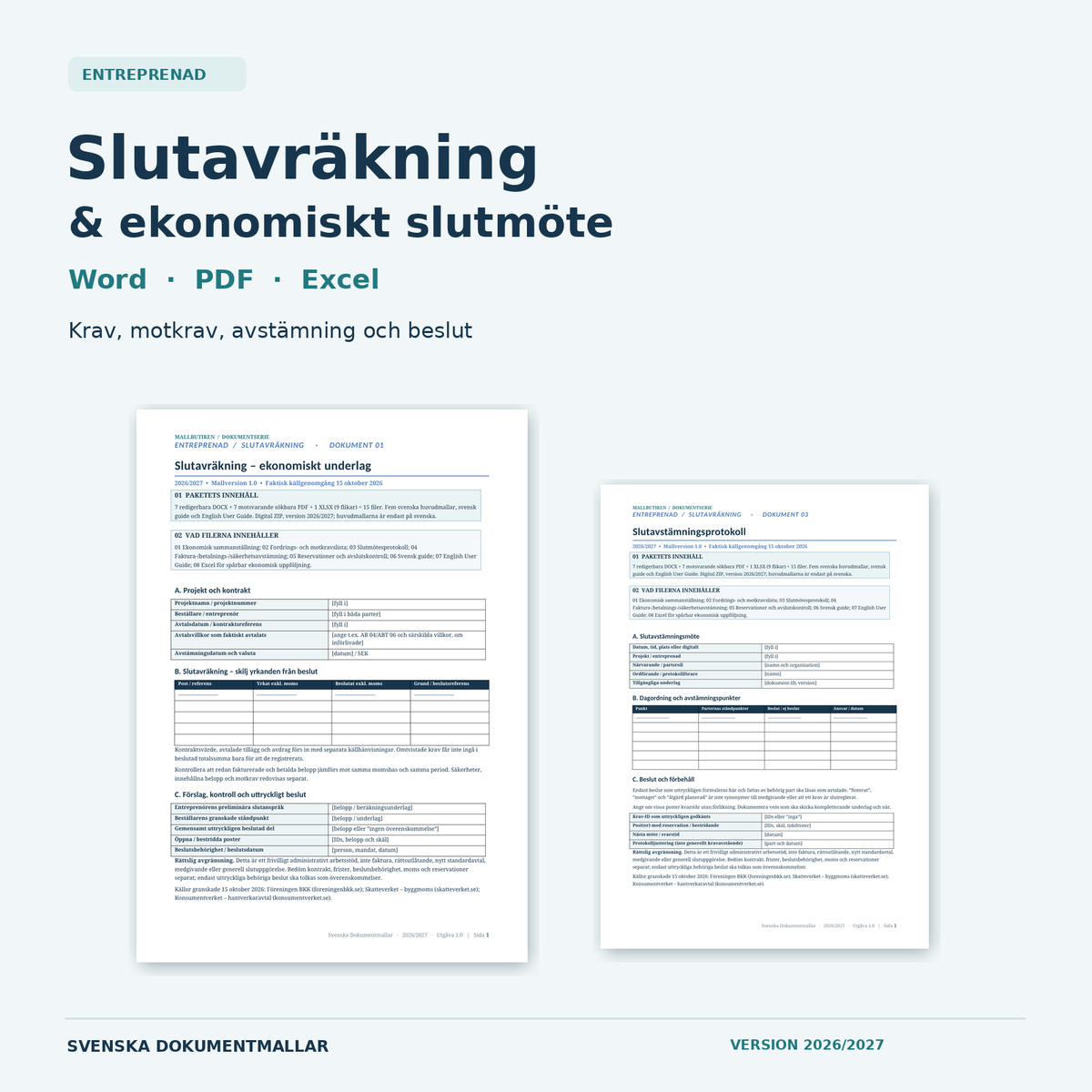 Slutavräkning entreprenad 2026/2027 med förhandsvisning av två verkliga Word- och PDF-dokument