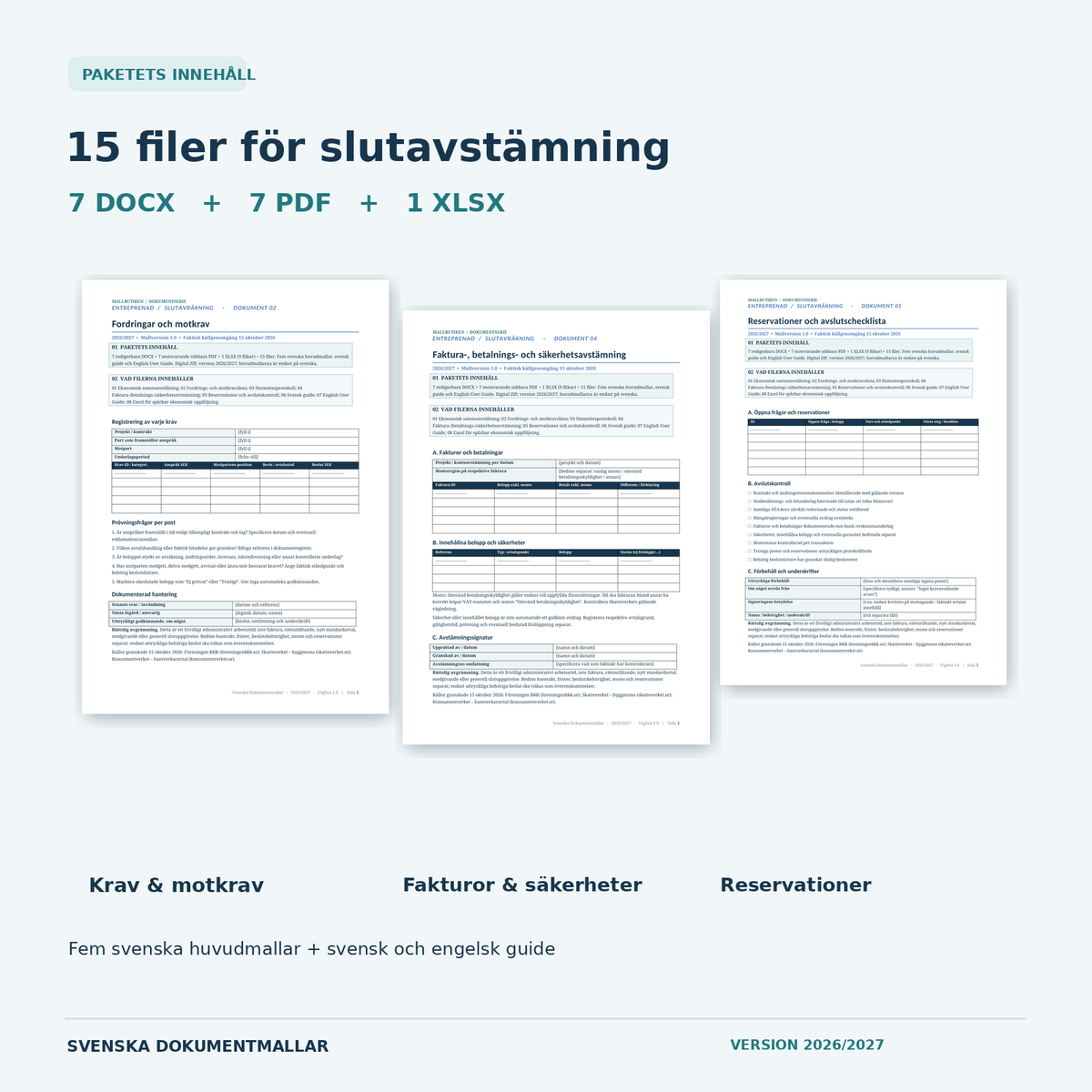 Slutavräkning entreprenad dokumentpaket 7 Word 7 PDF 1 Excel med verkliga dokumentvyer