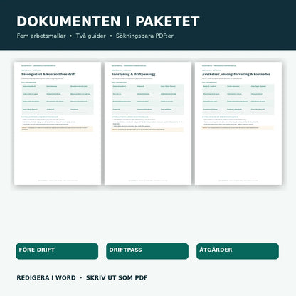 Förhandsvisning av verkliga Word- och PDF-mallar för förkontroll, driftpass och åtgärdsjournal