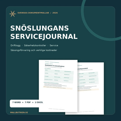 Snöslungans servicejournal och vinterregister – professionellt Word, PDF och Excelpaket