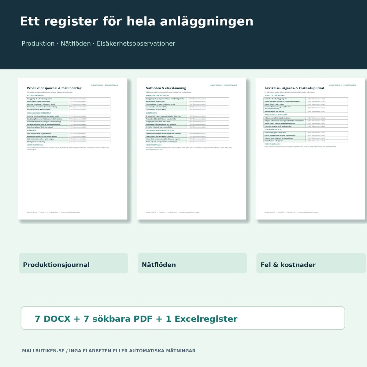 Produktionslogg, nätflödesavstämning och avvikelsejournal – förhandsvisningar från kundfilerna