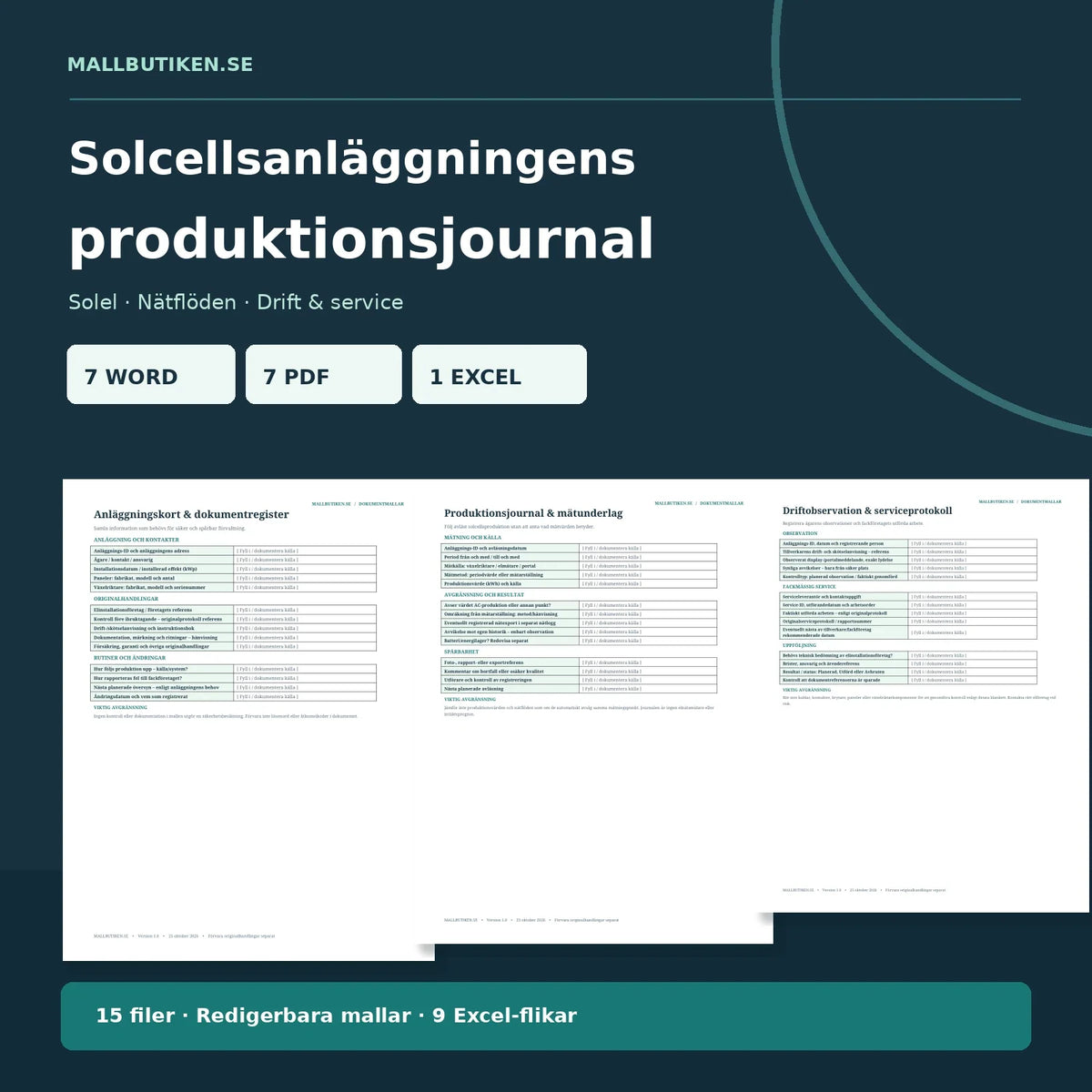 Solcellsanläggningens produktionsjournal – verkliga Word- och PDF-mallar för solelproduktion och drift