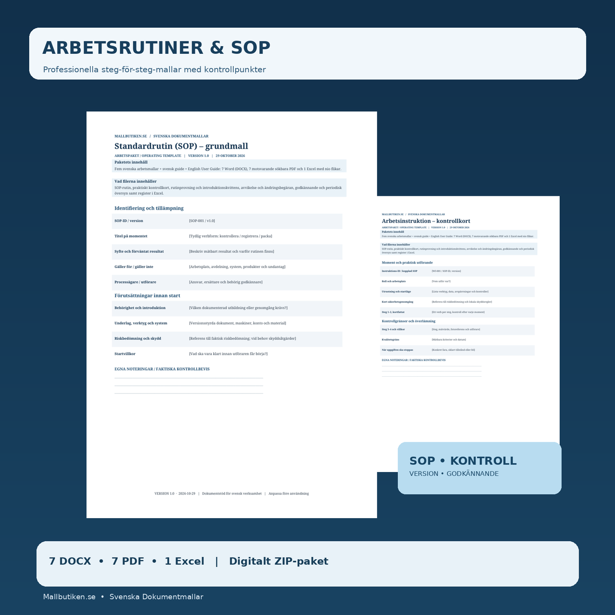 Arbetsinstruktion och standardrutin SOP – förhandsvisning av riktiga Word och PDF mallar