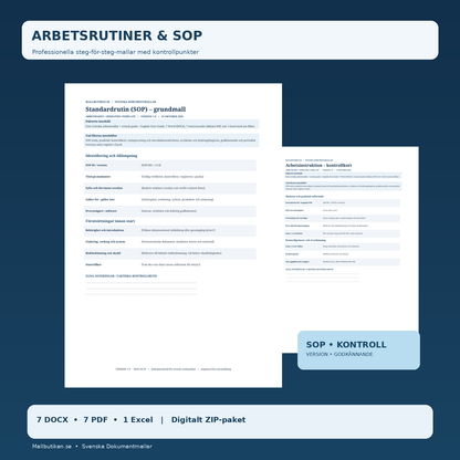Arbetsinstruktion och standardrutin SOP – förhandsvisning av riktiga Word och PDF mallar