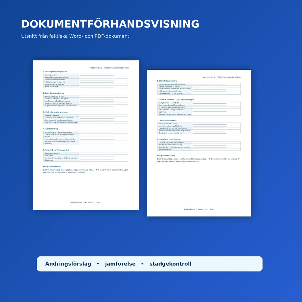 Verkliga dokument för ändringsförslag och paragrafjämförelse i svensk ideell förening