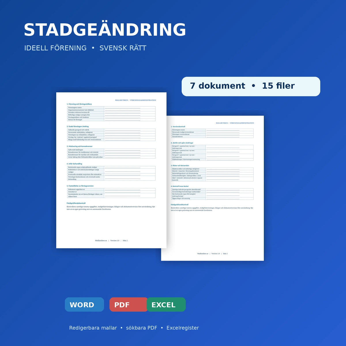 Stadgeändring ideell förening – dokumentmallar med autentiska förhandsvisningar, Word, PDF och Excel