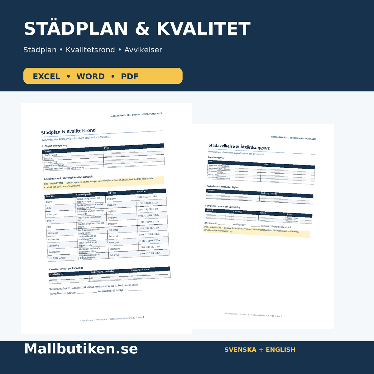 Word och PDF städplan, kvalitetsrond och avvikelserapport 2026/2027