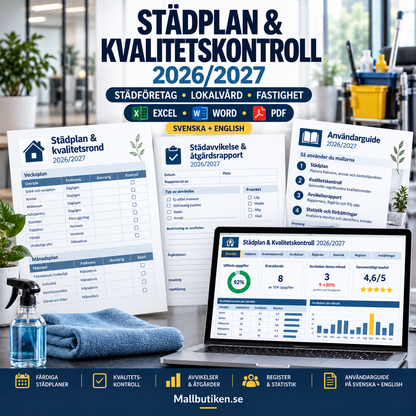 Städplan och kvalitetskontroll 2026/2027 Excel Word PDF – mall för städföretag