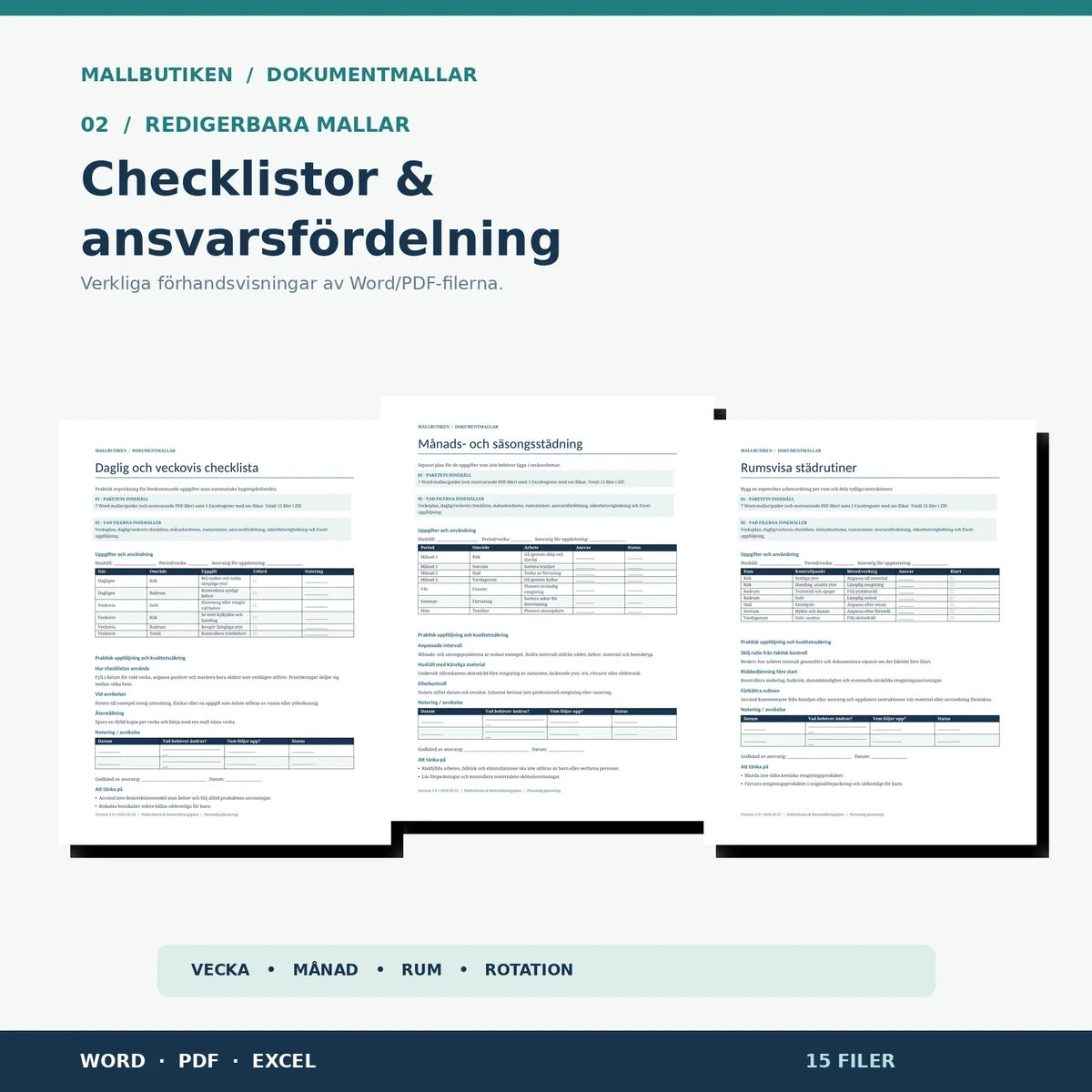 Förhandsvisning av dagschecklista, månadsstädning och rumsrutiner, Word och PDF