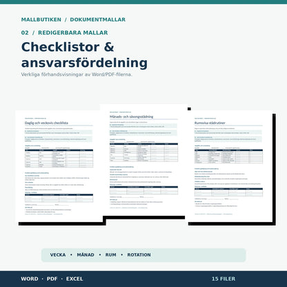 Förhandsvisning av dagschecklista, månadsstädning och rumsrutiner, Word och PDF