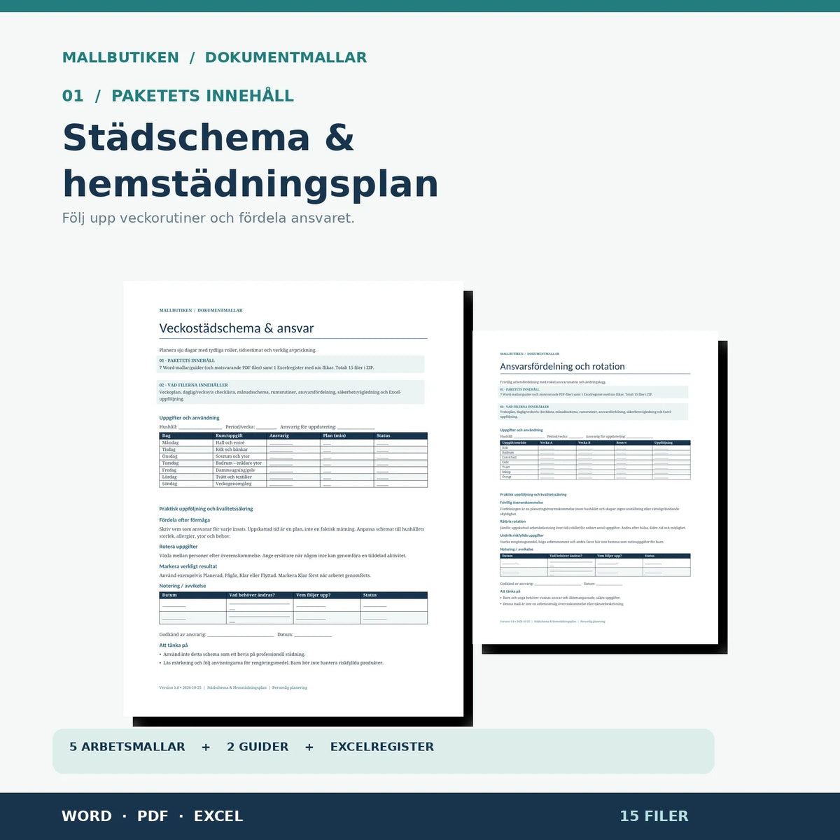 Städschema och hemstädningsplan – huvudbild med verkligt veckoschema och ansvarsmatris