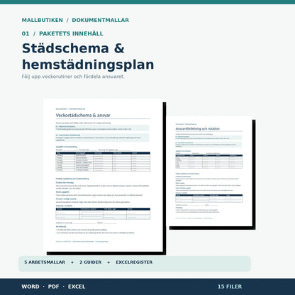 Städschema och hemstädningsplan – huvudbild med verkligt veckoschema och ansvarsmatris