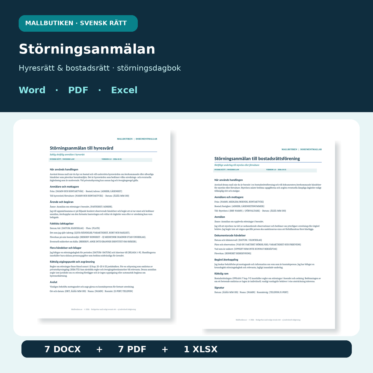 Störningsanmälan hyresrätt och bostadsrätt – äkta Word och PDF dokumentmallar samt Excelregister