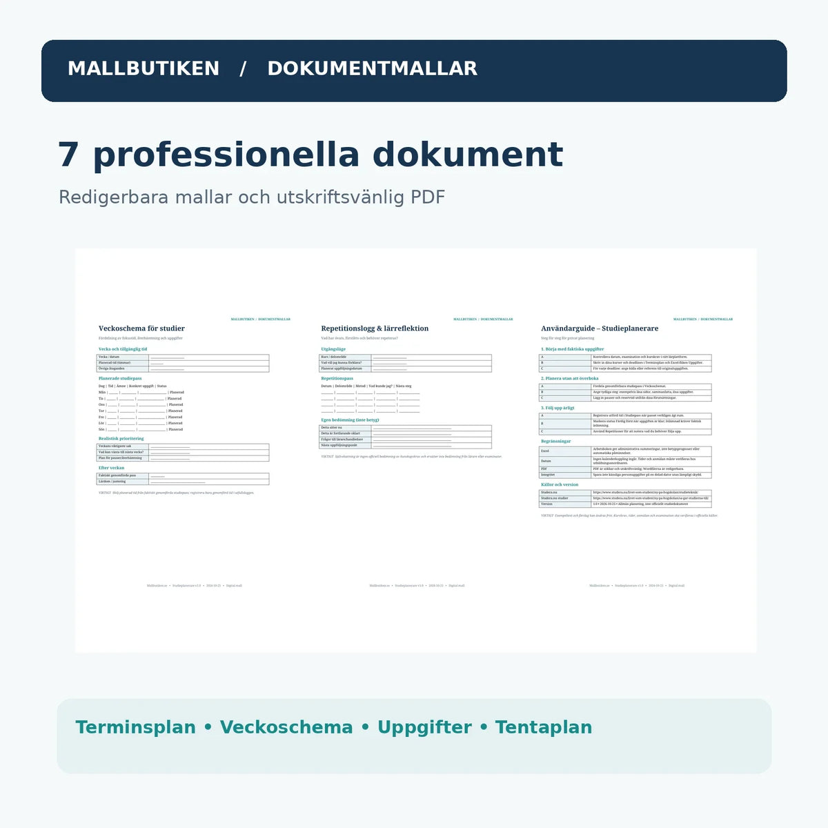 Mallpaket med terminsplan, veckoschema och provplan, Word och PDF