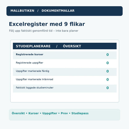 Excelregister i nio flikar med nollställd översikt för uppgifter och studieminuter