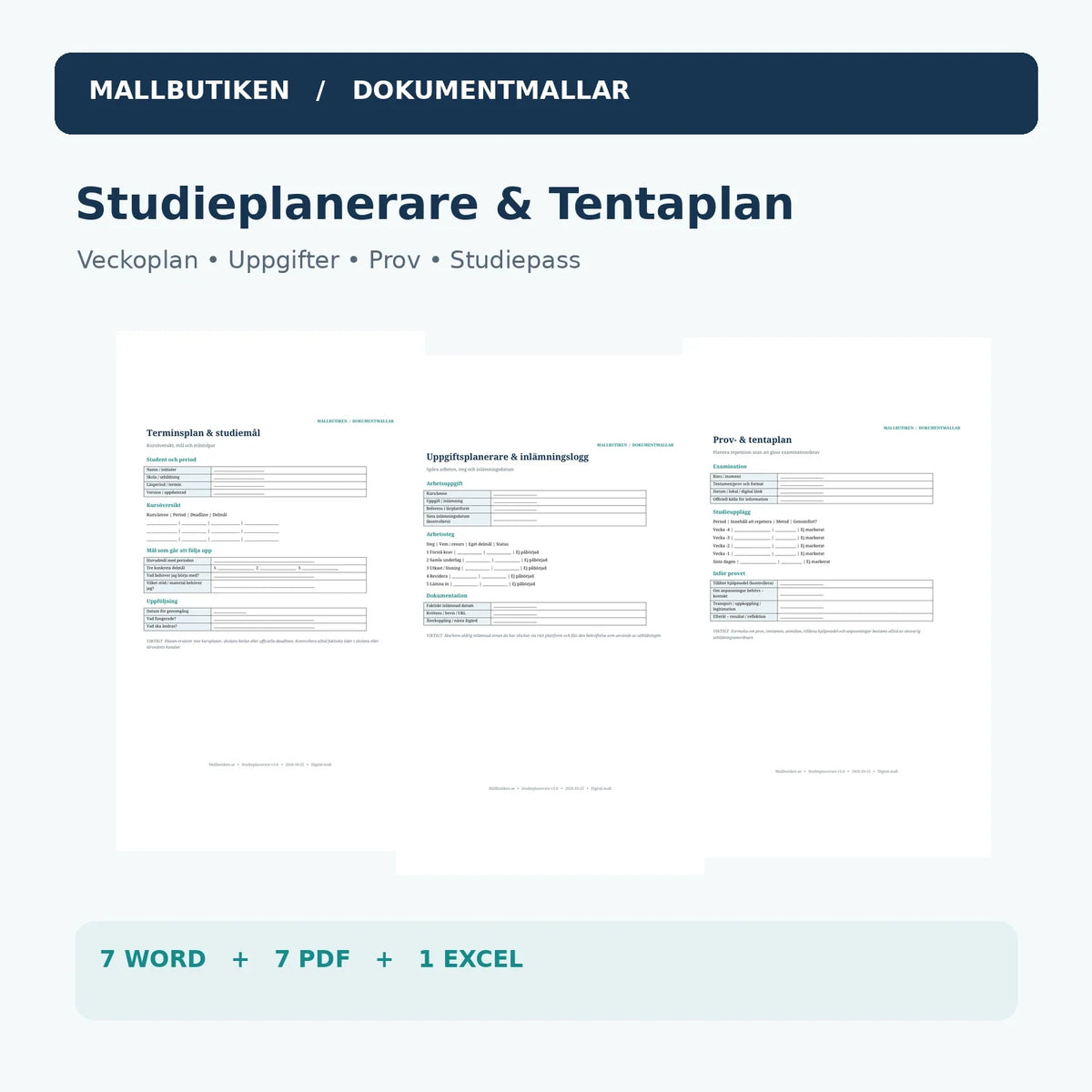 Studieplanerare och tentaplan – förhandsvisning av verkliga Word- och PDF-mallar