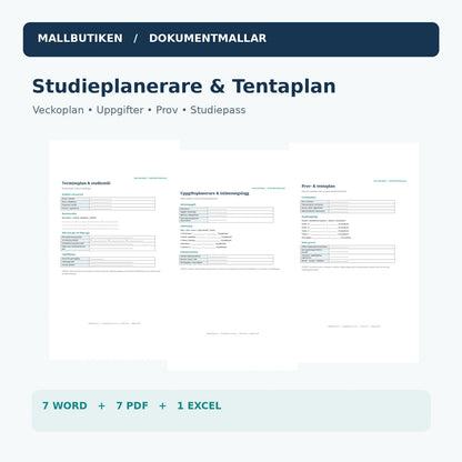 Studieplanerare och tentaplan – förhandsvisning av verkliga Word- och PDF-mallar