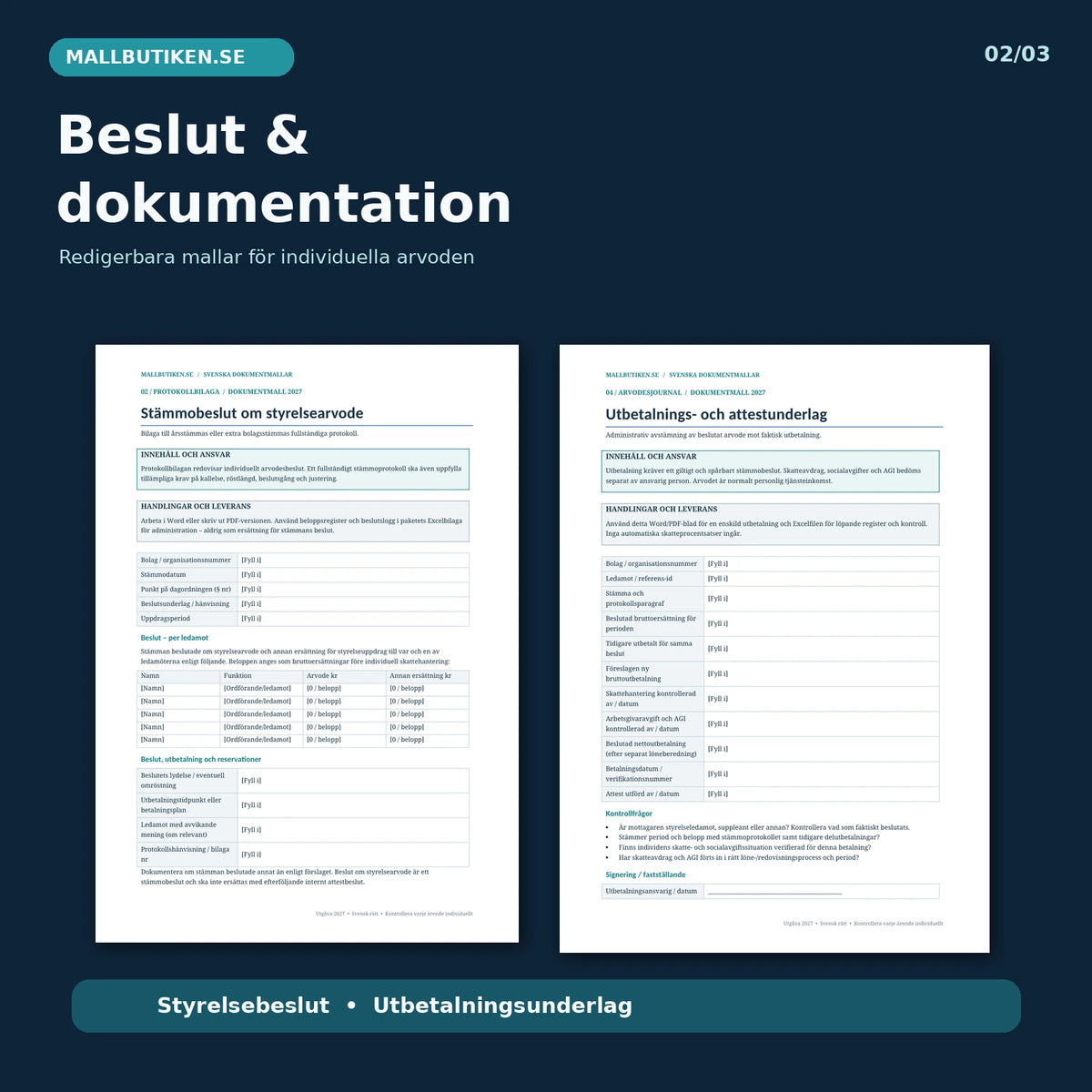 Förhandsvisning av faktiska Word- och PDF-mallar för styrelsearvode, individuella stämmobeslut och utbetalningsunderlag