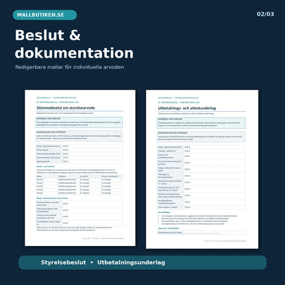 Förhandsvisning av faktiska Word- och PDF-mallar för styrelsearvode, individuella stämmobeslut och utbetalningsunderlag