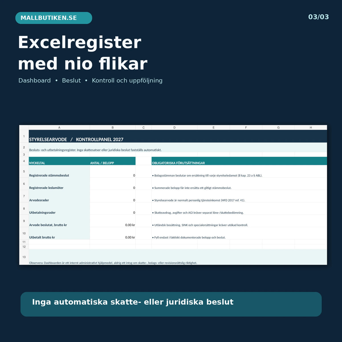 Excelregister med nio flikar och dashboard för styrelsearvode, utbetalningar, kontroller och avvikelser utan automatisk skattebedömning
