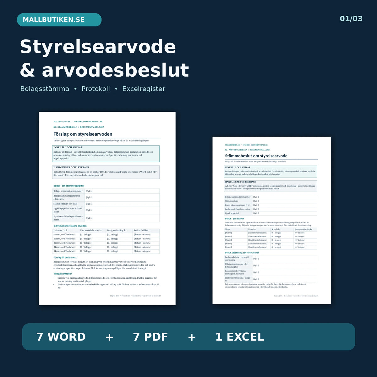 Styrelsearvode och arvodesbeslut för aktiebolag 2027 – verkligt stämmoförslag, protokoll och 7 Word, 7 PDF, 1 Excel