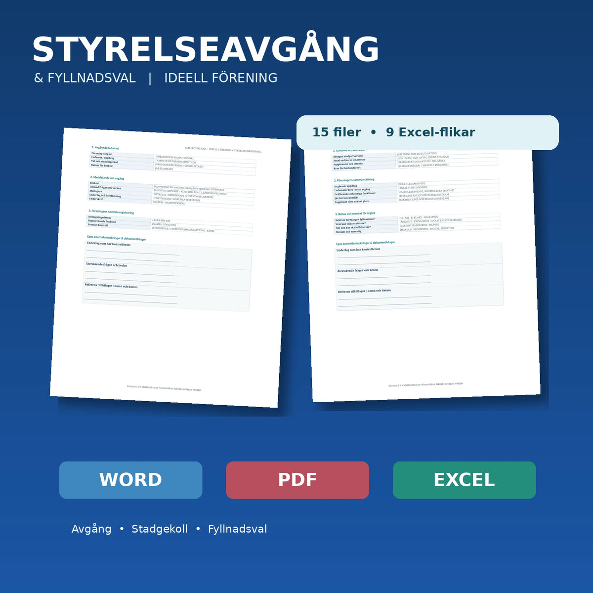 Styrelseavgång och fyllnadsval i ideell förening – verklig förhandsvisning av Word- och PDF-mallar, Excel med nio flikar
