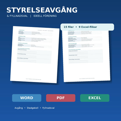 Styrelseavgång och fyllnadsval i ideell förening – verklig förhandsvisning av Word- och PDF-mallar, Excel med nio flikar