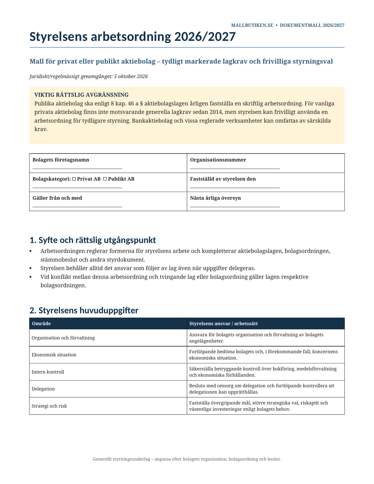 Styrelsens arbetsordning 2026/2027 privat publikt aktiebolag Word PDF