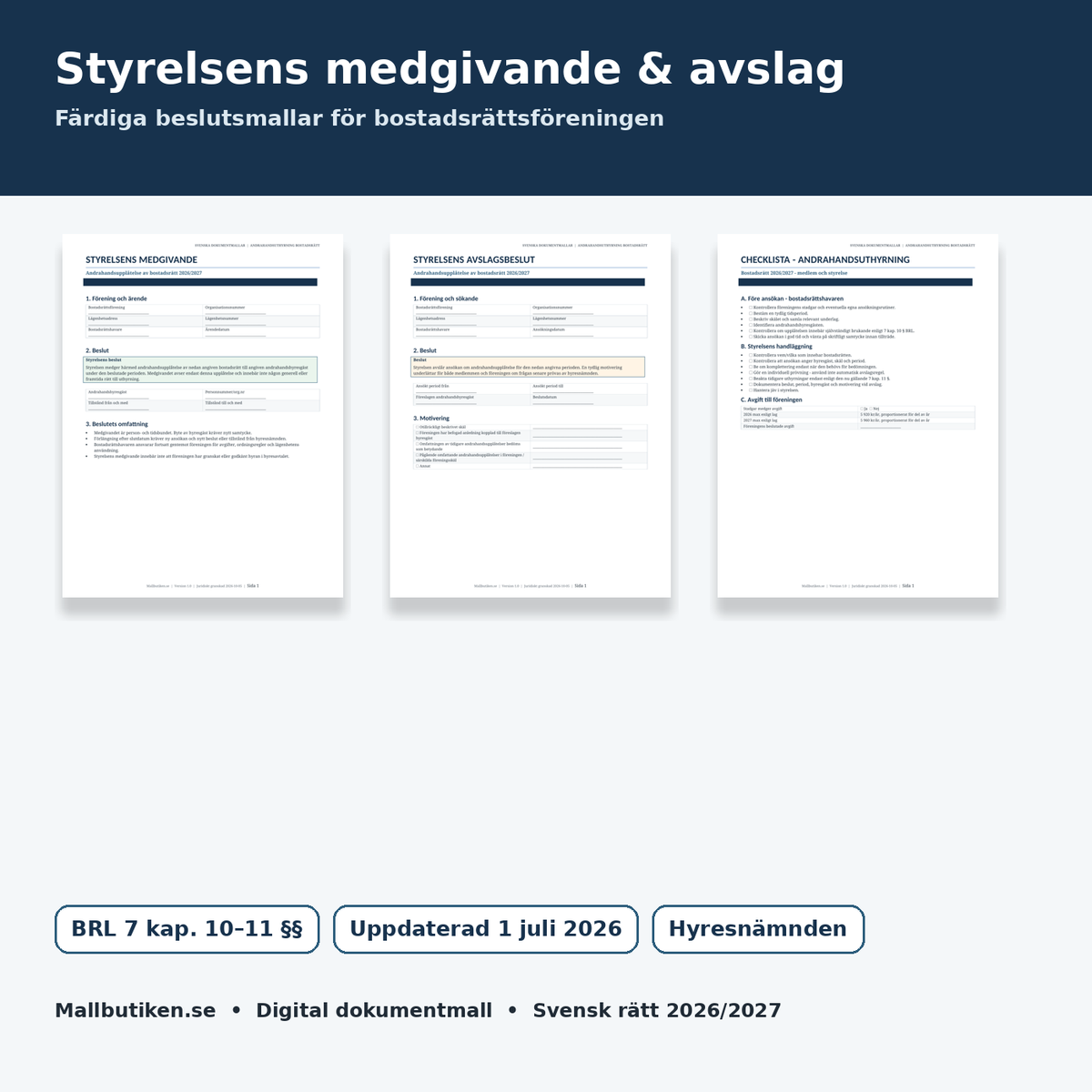 Styrelsens medgivande och avslagsbeslut för andrahandsuthyrning av bostadsrätt