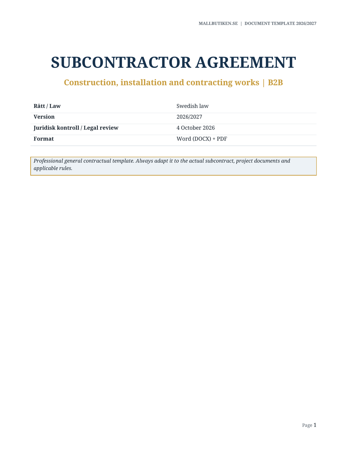 Cover of Subcontractor Agreement 2026/2027 under Swedish law