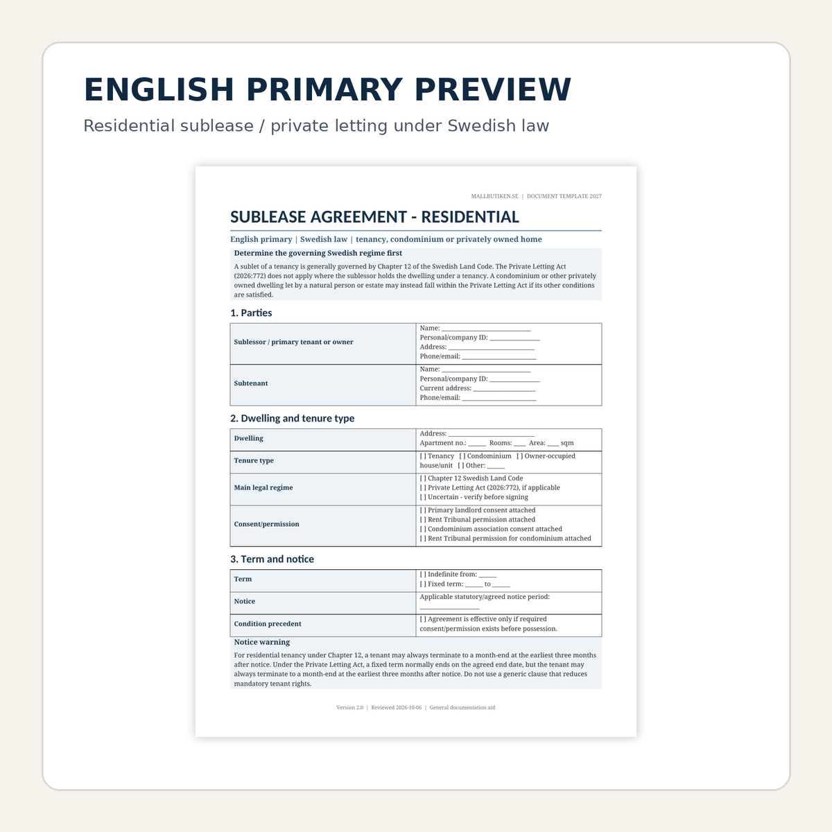 Preview of English residential sublease agreement governed by Swedish law 2026/2027