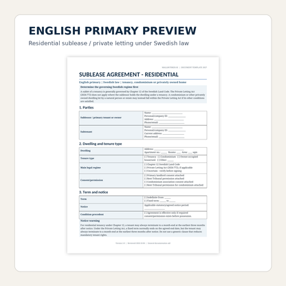 Preview of English residential sublease agreement governed by Swedish law 2026/2027