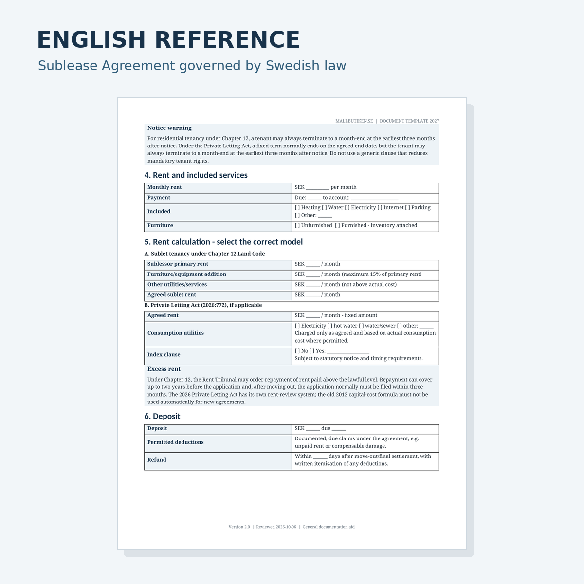English reference preview of residential sublease agreement governed by Swedish law