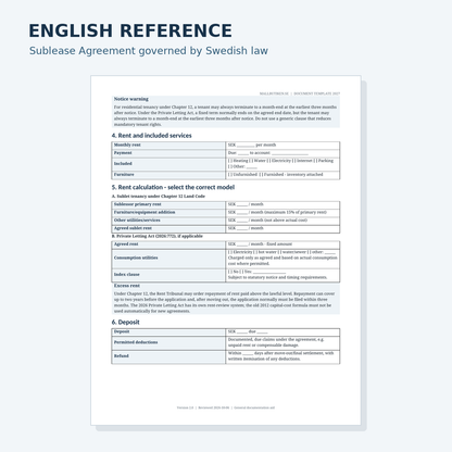 English reference preview of residential sublease agreement governed by Swedish law