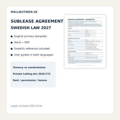 Sublease Agreement under Swedish law – English Word/PDF template with Swedish reference and user guides