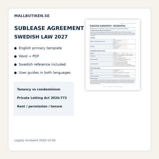 Sublease Agreement under Swedish law – English Word/PDF template with Swedish reference and user guides