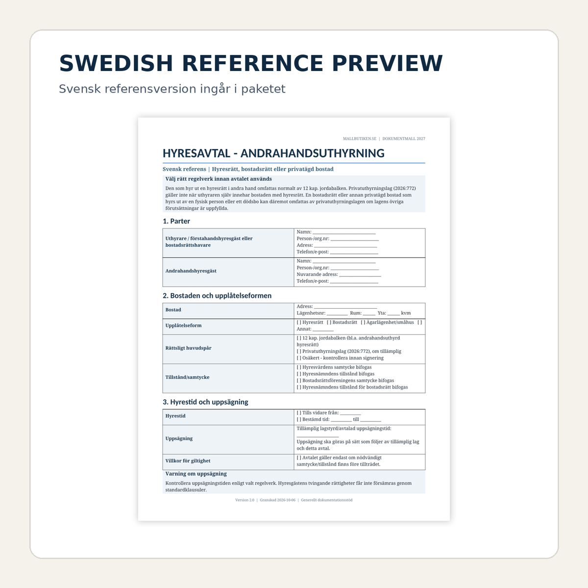 Swedish reference preview included with the English sublease agreement