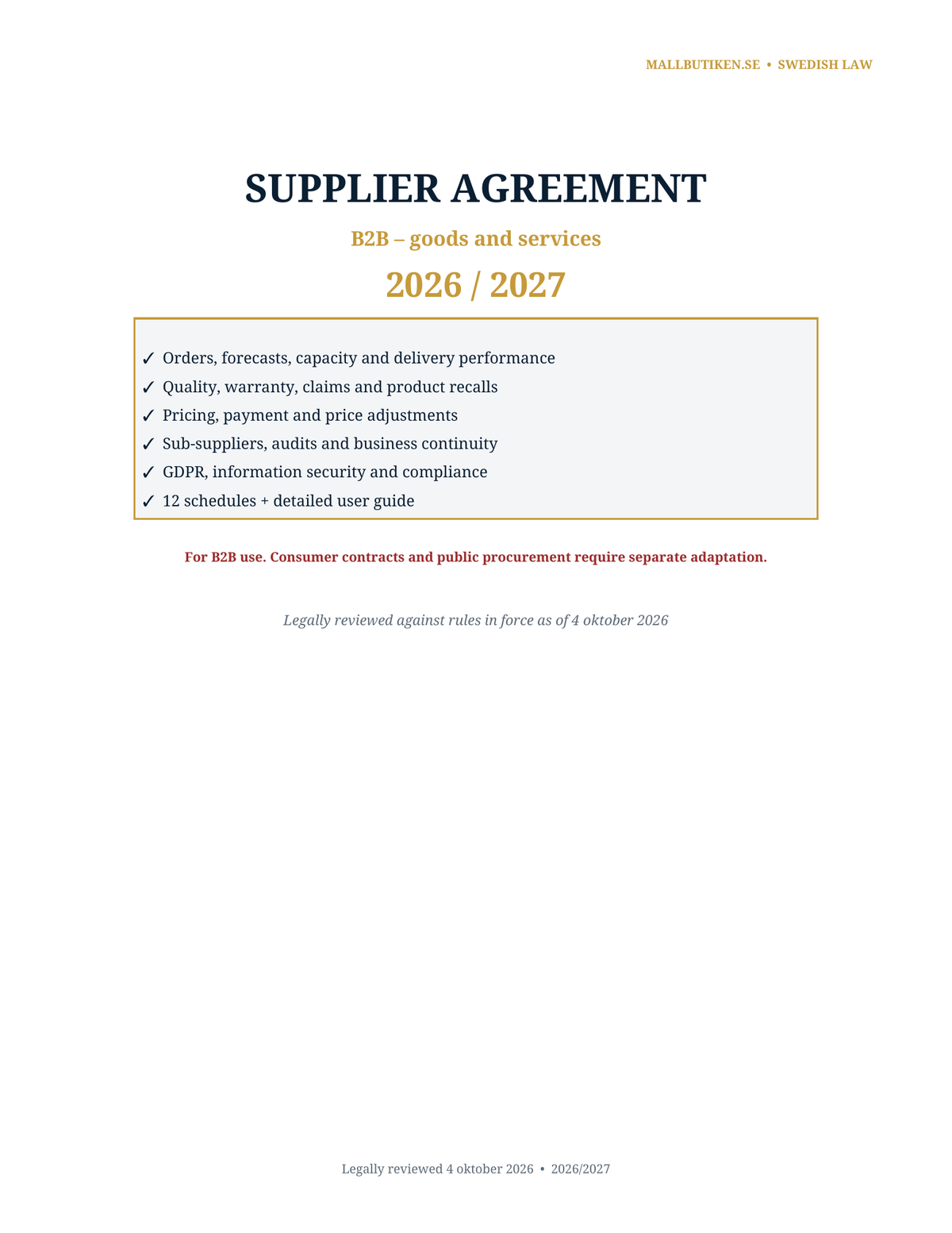 Cover of Supplier Agreement 2026/2027 under Swedish law
