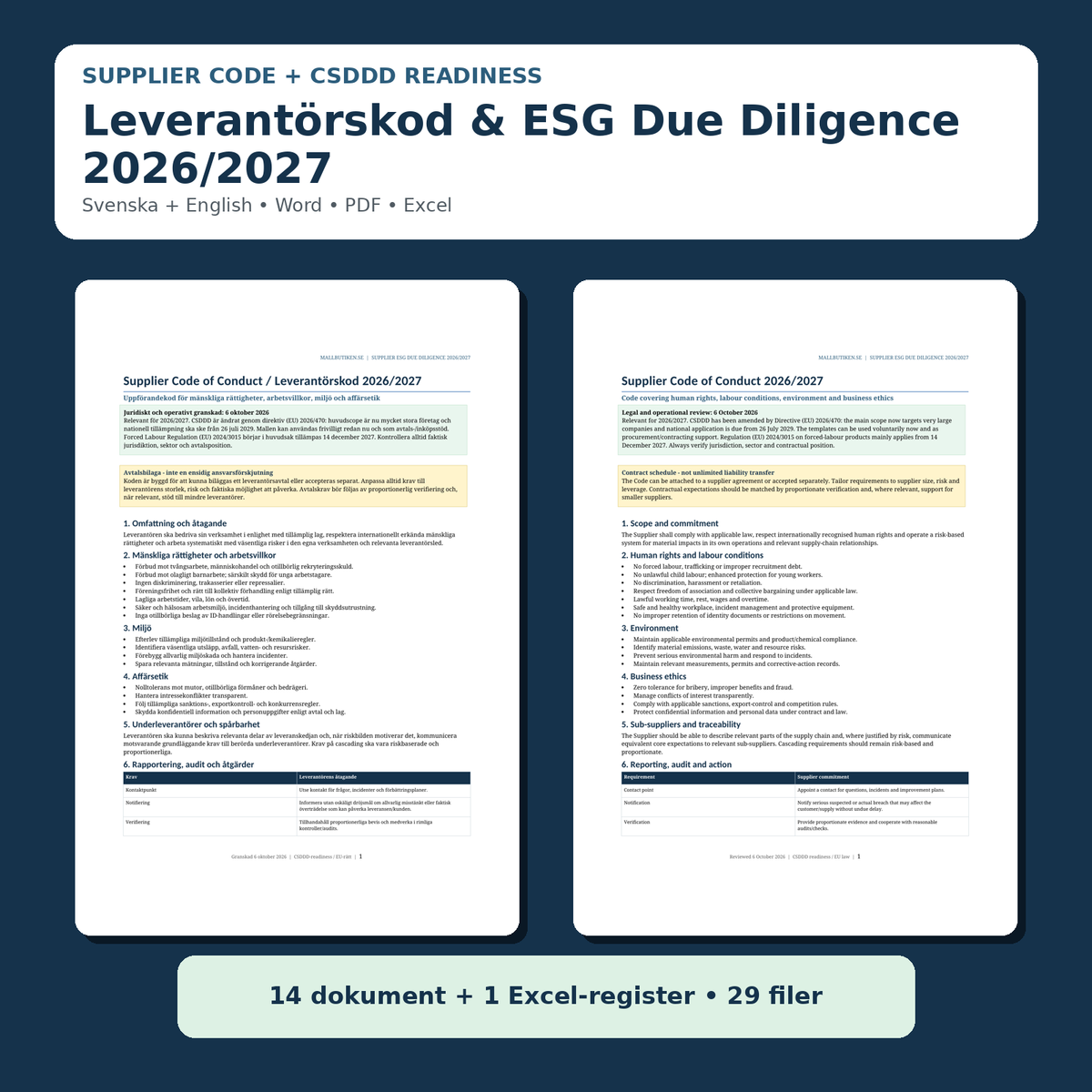 Leverantörskod och ESG due diligence 2026/2027 svenska engelska Word PDF Excel