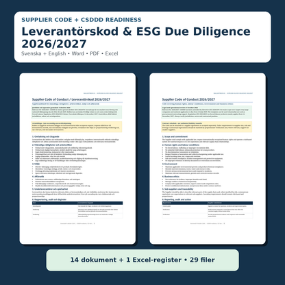 Leverantörskod och ESG due diligence 2026/2027 svenska engelska Word PDF Excel