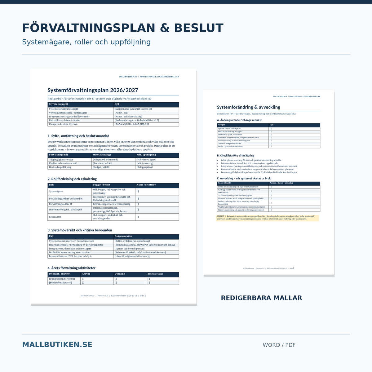 Redigerbar systemförvaltningsplan, RACI ansvar och avvecklingschecklista Word PDF