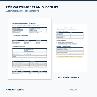 Redigerbar systemförvaltningsplan, RACI ansvar och avvecklingschecklista Word PDF