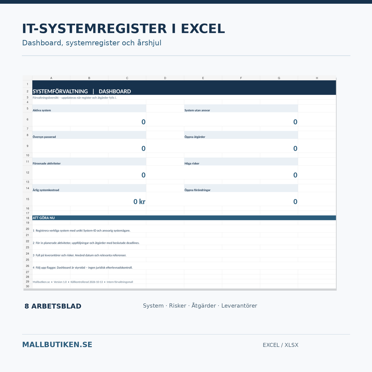 IT-systemregister Excel – dashboard över aktiva system ansvar risker och förvaltningsaktiviteter