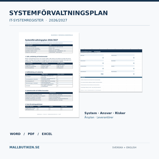 Systemförvaltningsplan 2026/2027 och IT-systemregister i Excel Word PDF – mallpaket