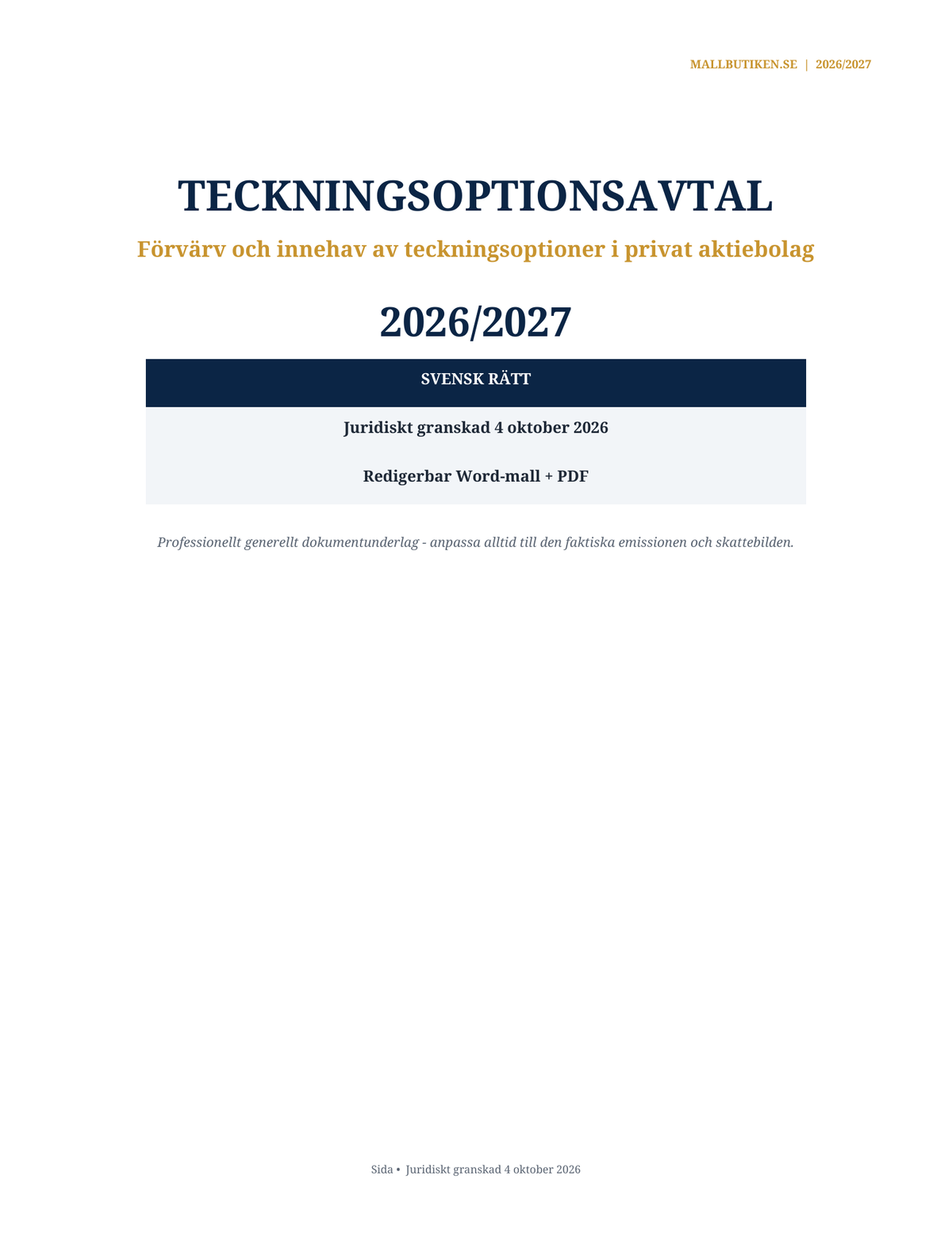 Omslag till svenskt Teckningsoptionsavtal 2026/2027 enligt svensk rätt