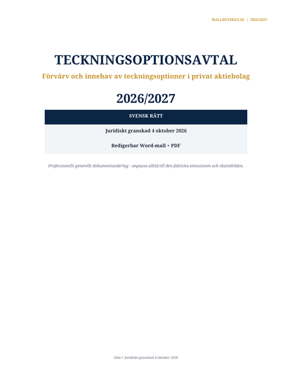 Omslag till svenskt Teckningsoptionsavtal 2026/2027 enligt svensk rätt