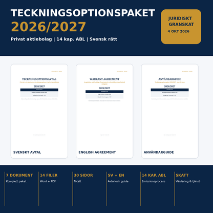 Teckningsoptionspaket 2026/2027 för privat aktiebolag enligt 14 kap. aktiebolagslagen