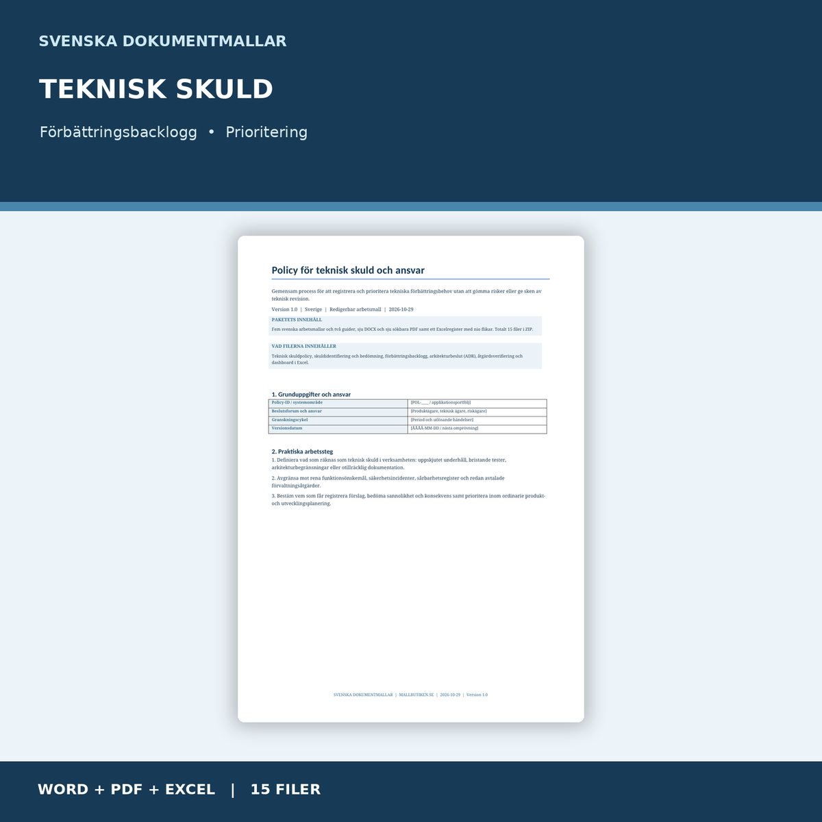 Teknisk skuld och förbättringsbacklogg – Word PDF och Excel för företag