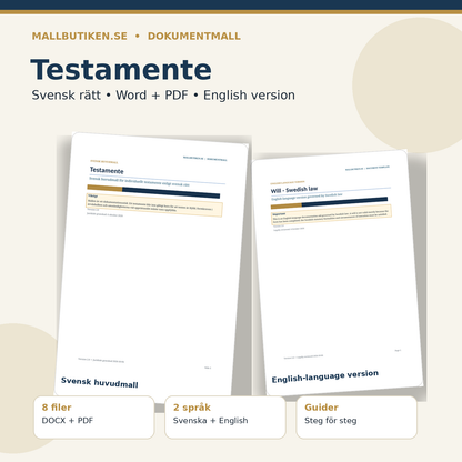 Testamente enligt svensk rätt – Word/PDF med engelsk språkversion och användarguider